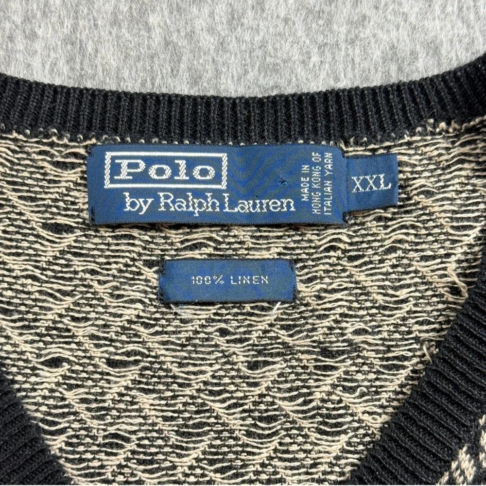 Polo Ralph Lauren Mens XXL Black Tan Linen Chevron V-Neck Sweater Vest
